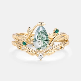 Creative Detail Glamorous Sparkle Leafy & Floral Pear Shaped Moss Agate Engagement Ring Sets 2pcs - Floret