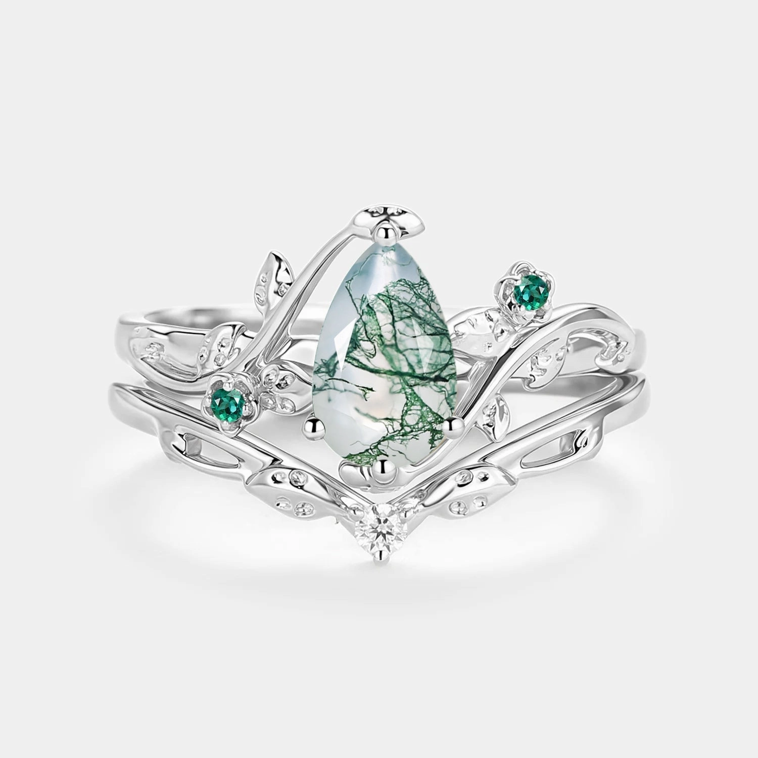 Leafy & Floral Pear Shaped Moss Agate Engagement Ring Sets 2pcs - Floret Elegant Features