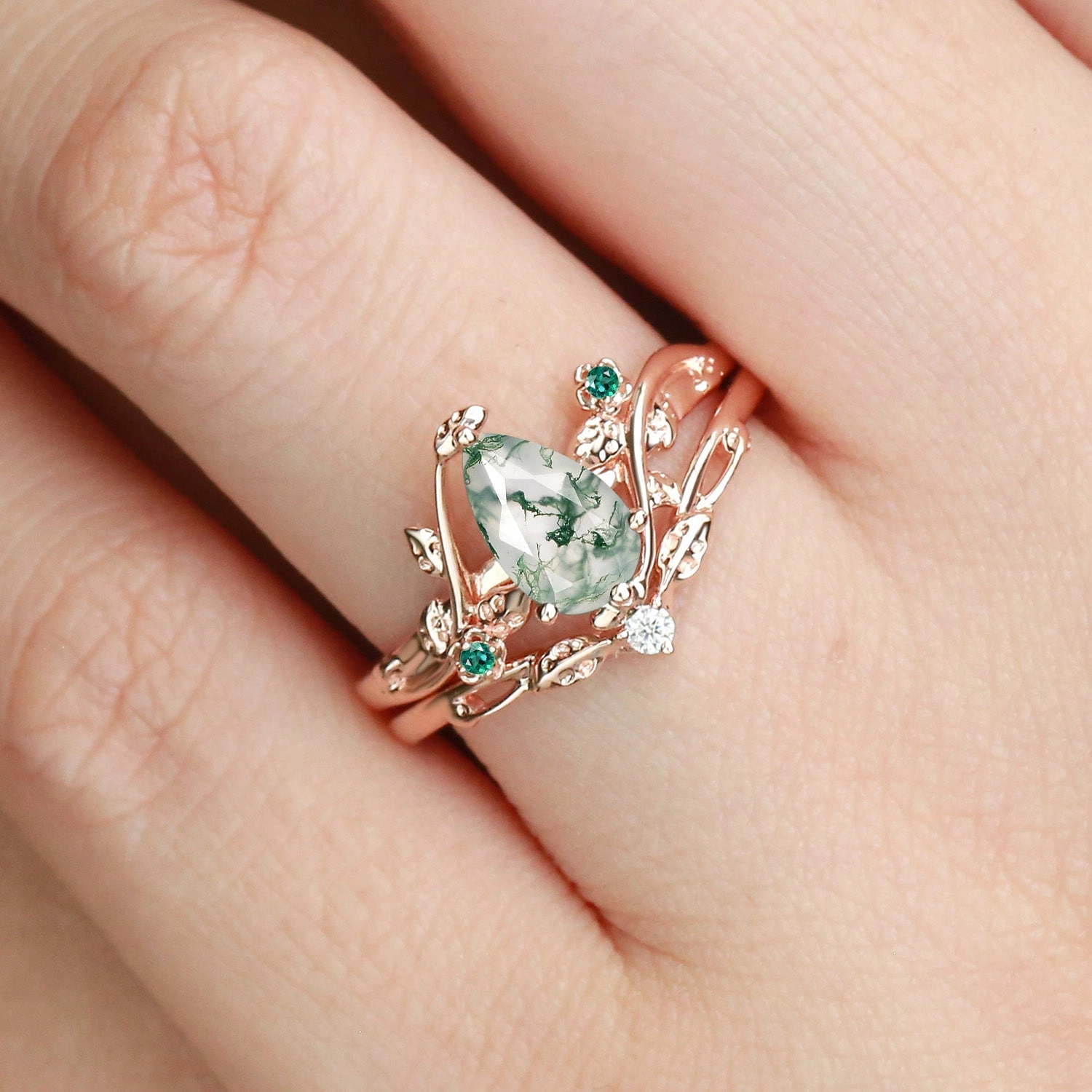 Inspired Touch Soft feature Leafy & Floral Pear Shaped Moss Agate Engagement Ring Sets 2pcs - Floret