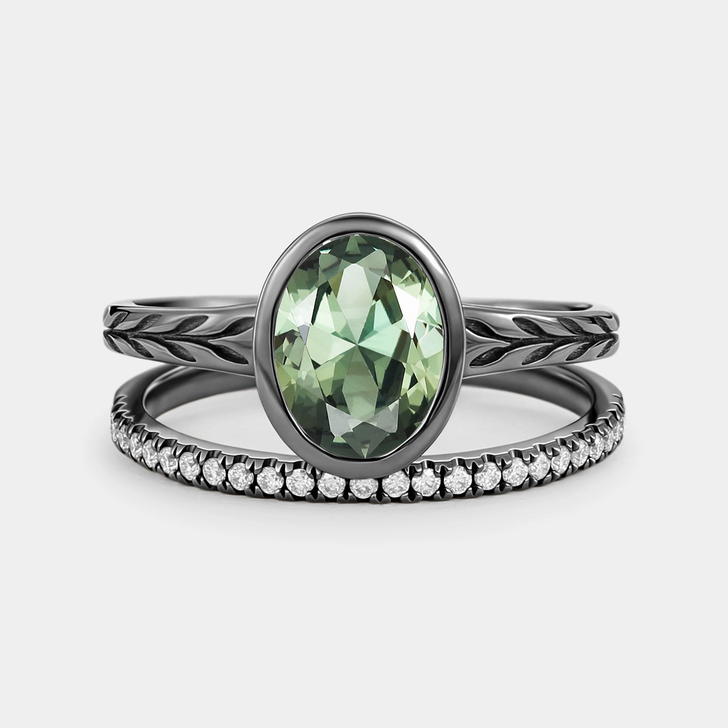 Handcrafted Highlight Oval Cut Lab Green Sapphire Bezel Engagement Ring Set 2pcs