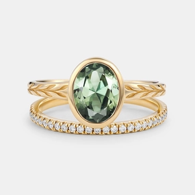 Oval Cut Lab Green Sapphire Bezel Engagement Ring Set 2pcs Lustrous Detail