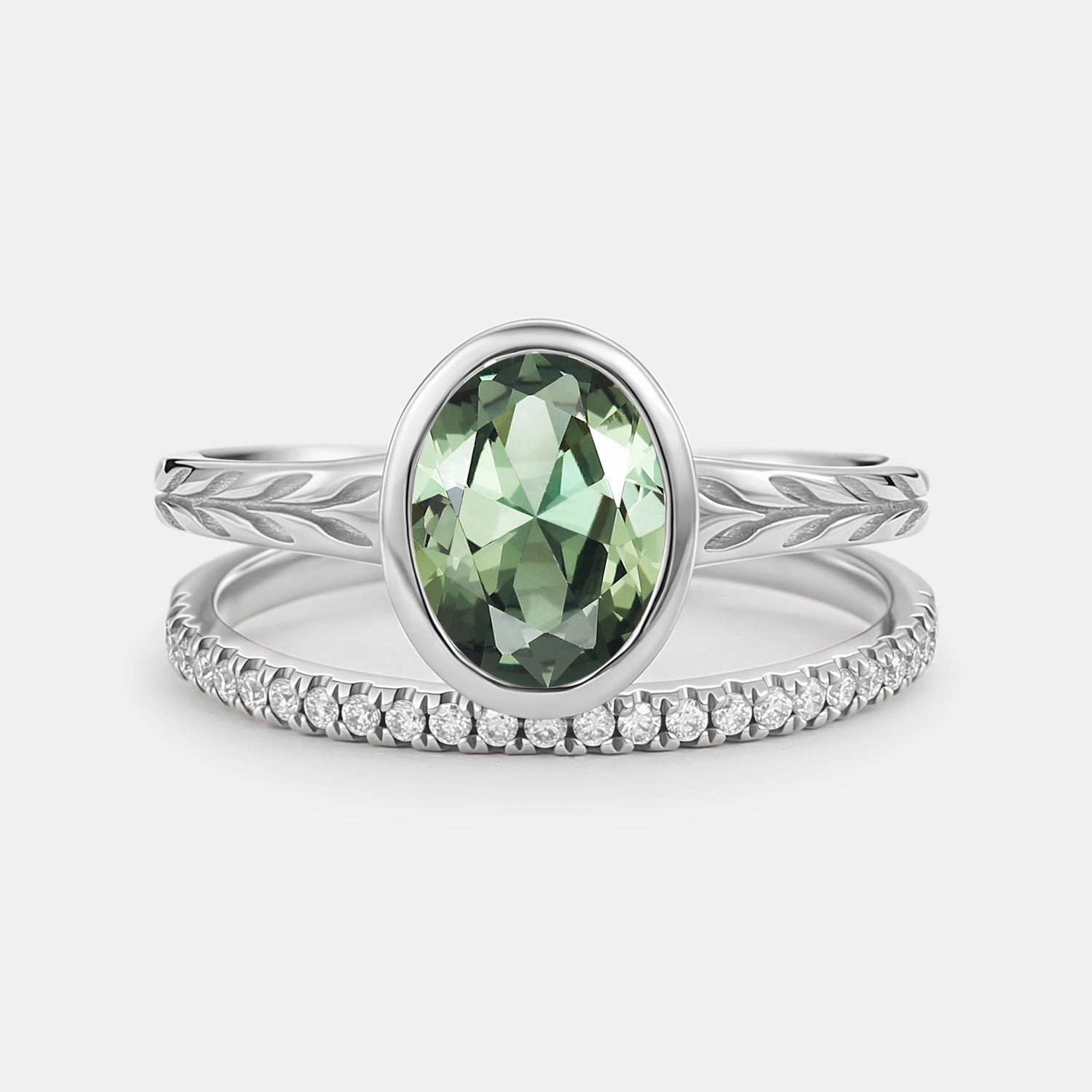 Oval Cut Lab Green Sapphire Bezel Engagement Ring Set 2pcs Elegant Touch Personalized Gift