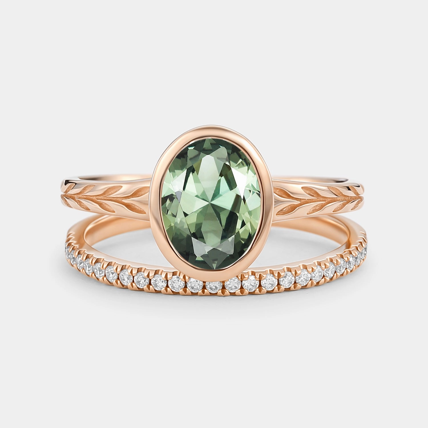 Radiant Moment Special Celebration Oval Cut Lab Green Sapphire Bezel Engagement Ring Set 2pcs