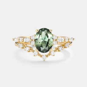 Classic Shine Oval Cut Lab Green Sapphire Classic Engagement Ring Set 2pcs