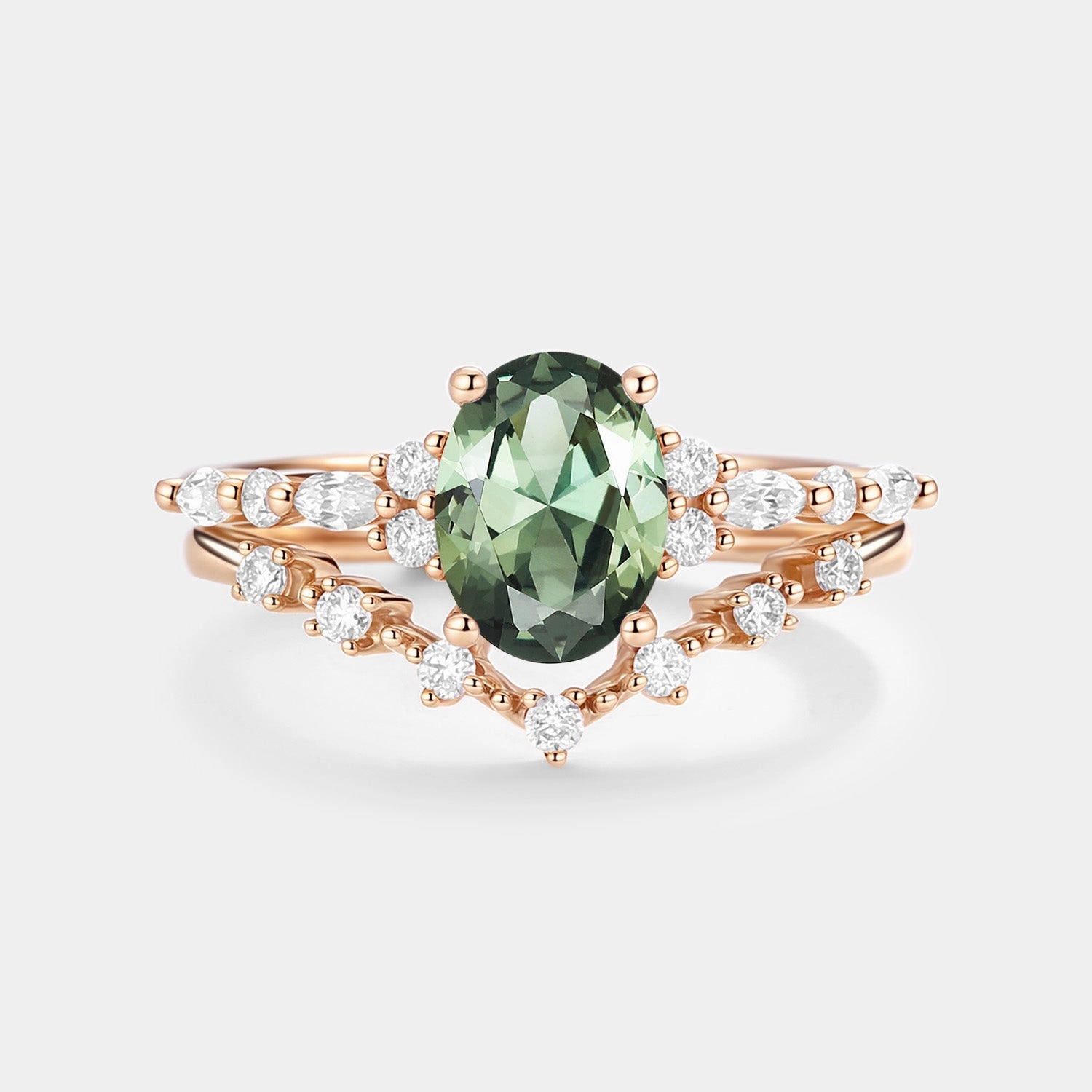 Oval Cut Lab Green Sapphire Classic Engagement Ring Set 2pcs Petite Touch