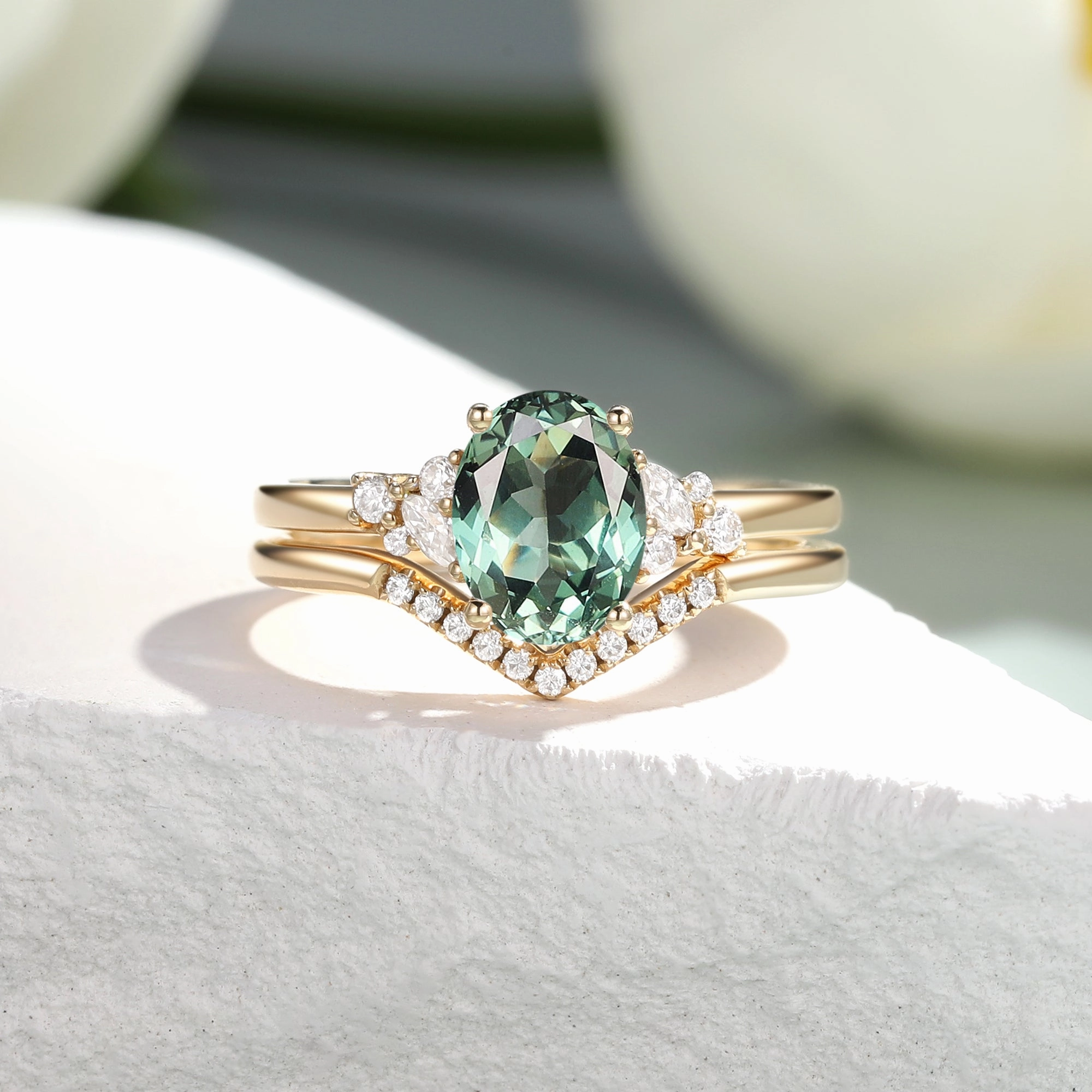 Crisp Lines Oval Cut Lab Green Sapphire Cluster Engagement Ring Set 2pcs - Neptuna