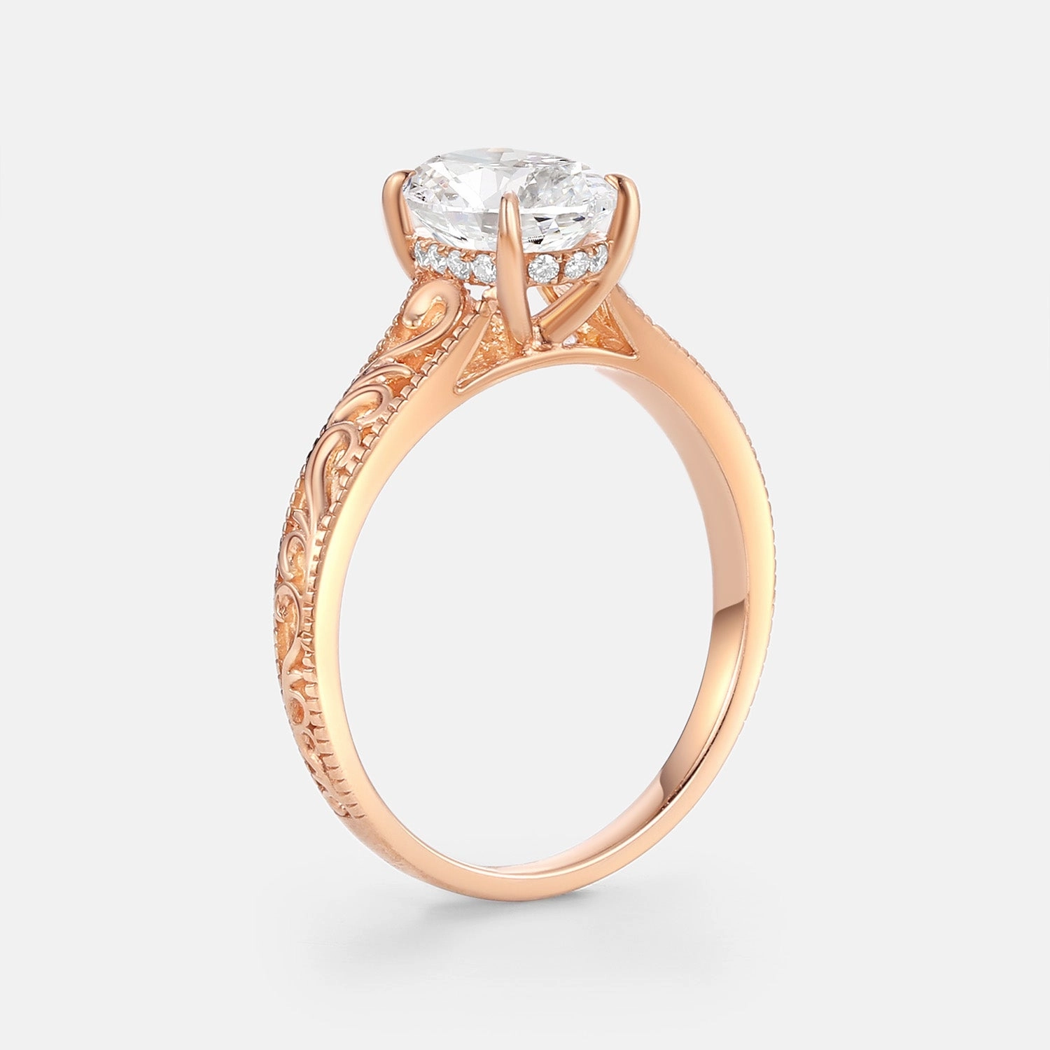 Handcrafted Pieces Oval Cut Lab Grown Diamond Engraved Solitaire Engagement Ring - Olive