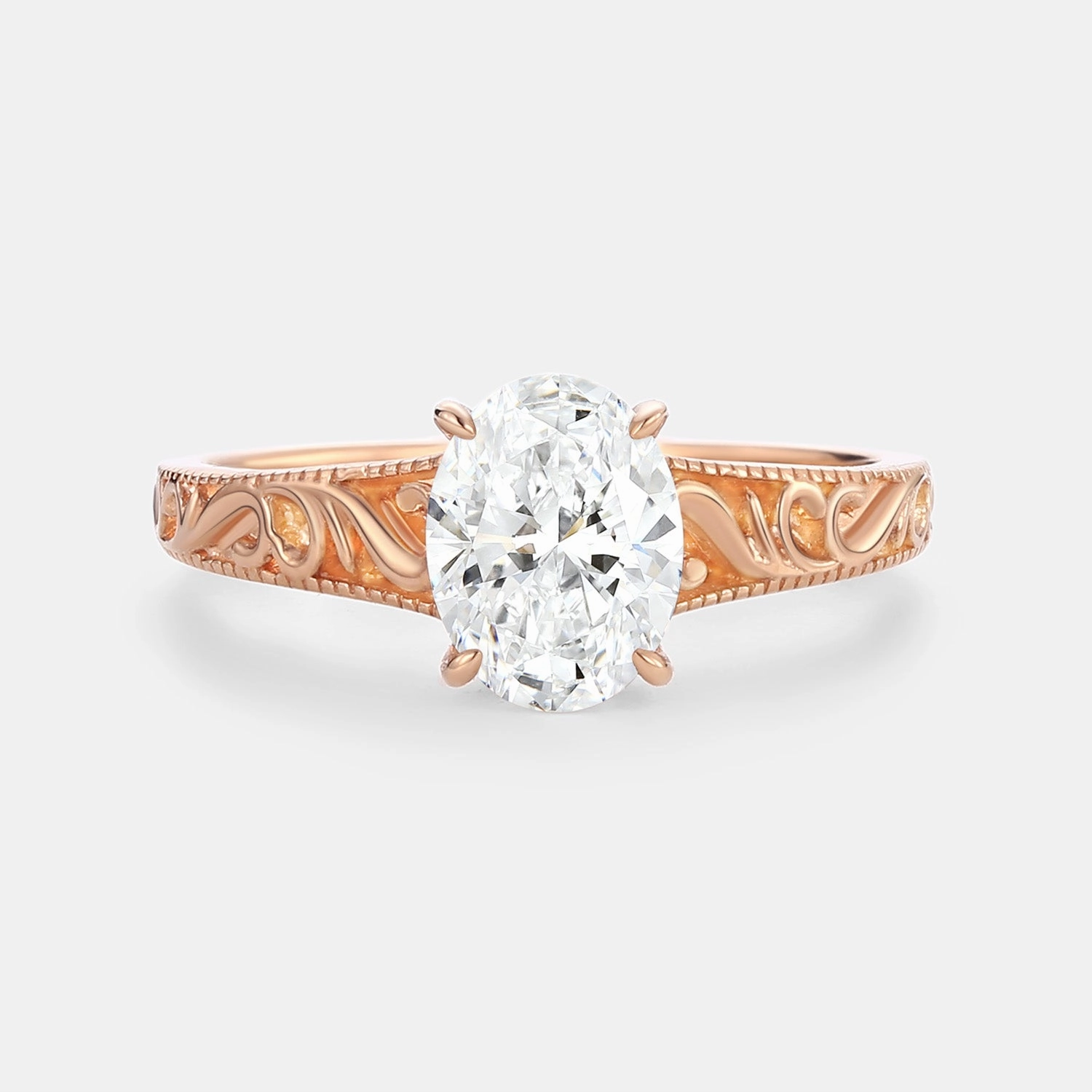 Oval Cut Lab Grown Diamond Engraved Solitaire Engagement Ring - Olive Modern Appeal Travel Mood