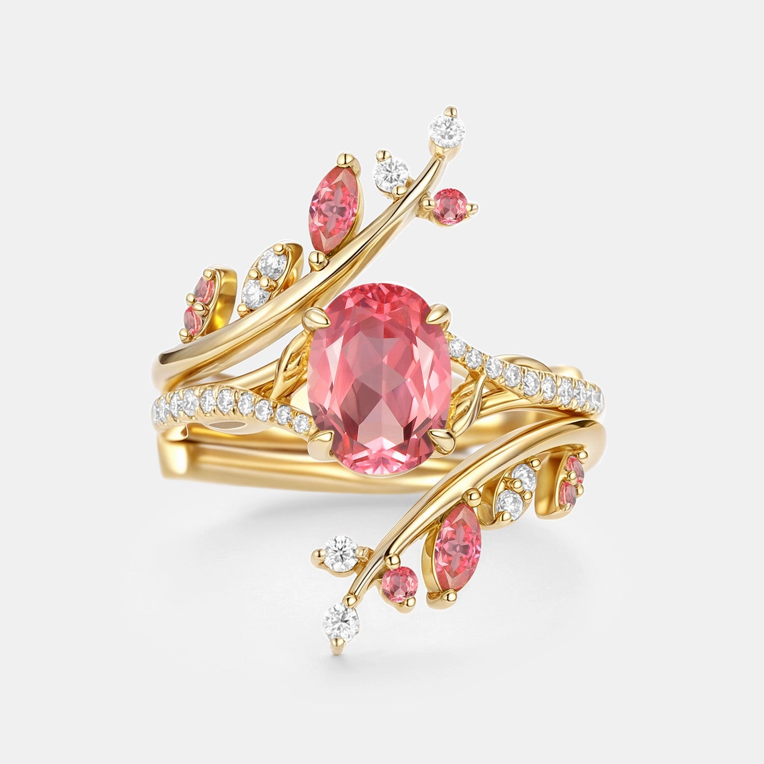 Oval Cut Lab Padparadscha Leafy Cage Ring Sets 2pcs - Ros?? Pretty Detail Romantic Vibe