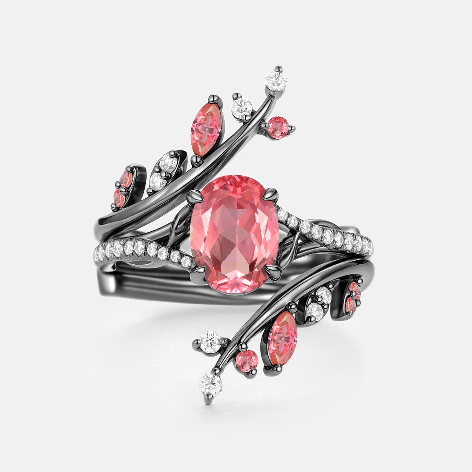 Oval Cut Lab Padparadscha Leafy Cage Ring Sets 2pcs - Ros?? Gleaming Finish Seasonal Style