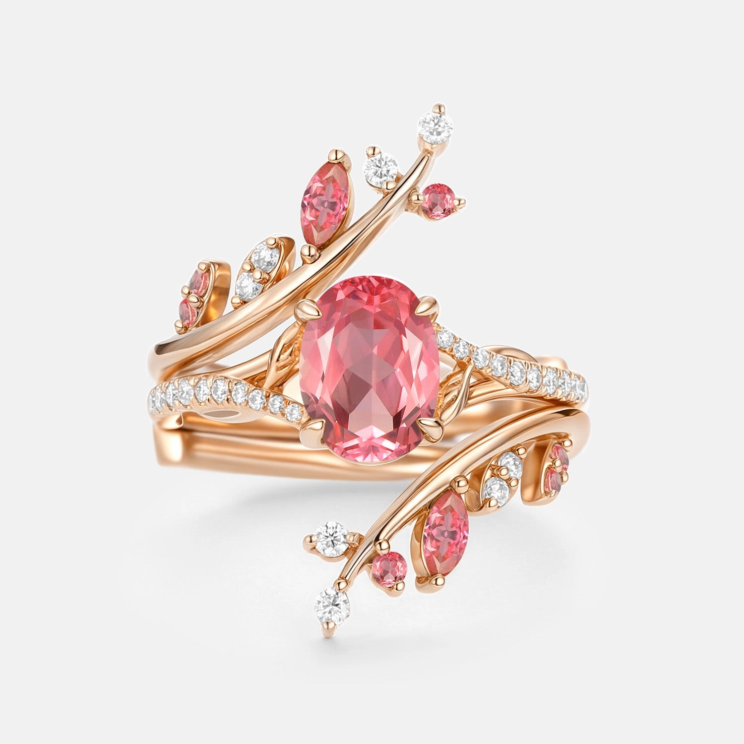 Oval Cut Lab Padparadscha Leafy Cage Ring Sets 2pcs - Ros?? Striking Detail