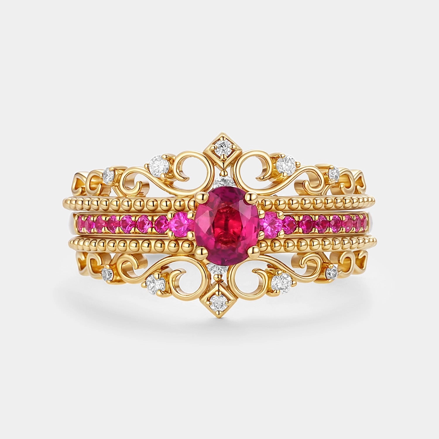 Oval Cut Lab Ruby Antique Engagemetn Ring Set 3pcs - Mae Subtle Finish