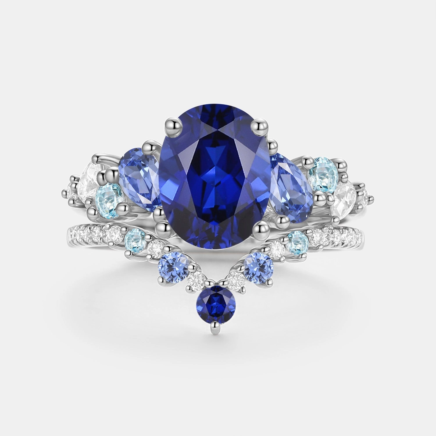 Oval Cut Lab Sapphire Cluster Engagement Ring Sets 2pcs - Nebula Distinctive Design Timeless Duo