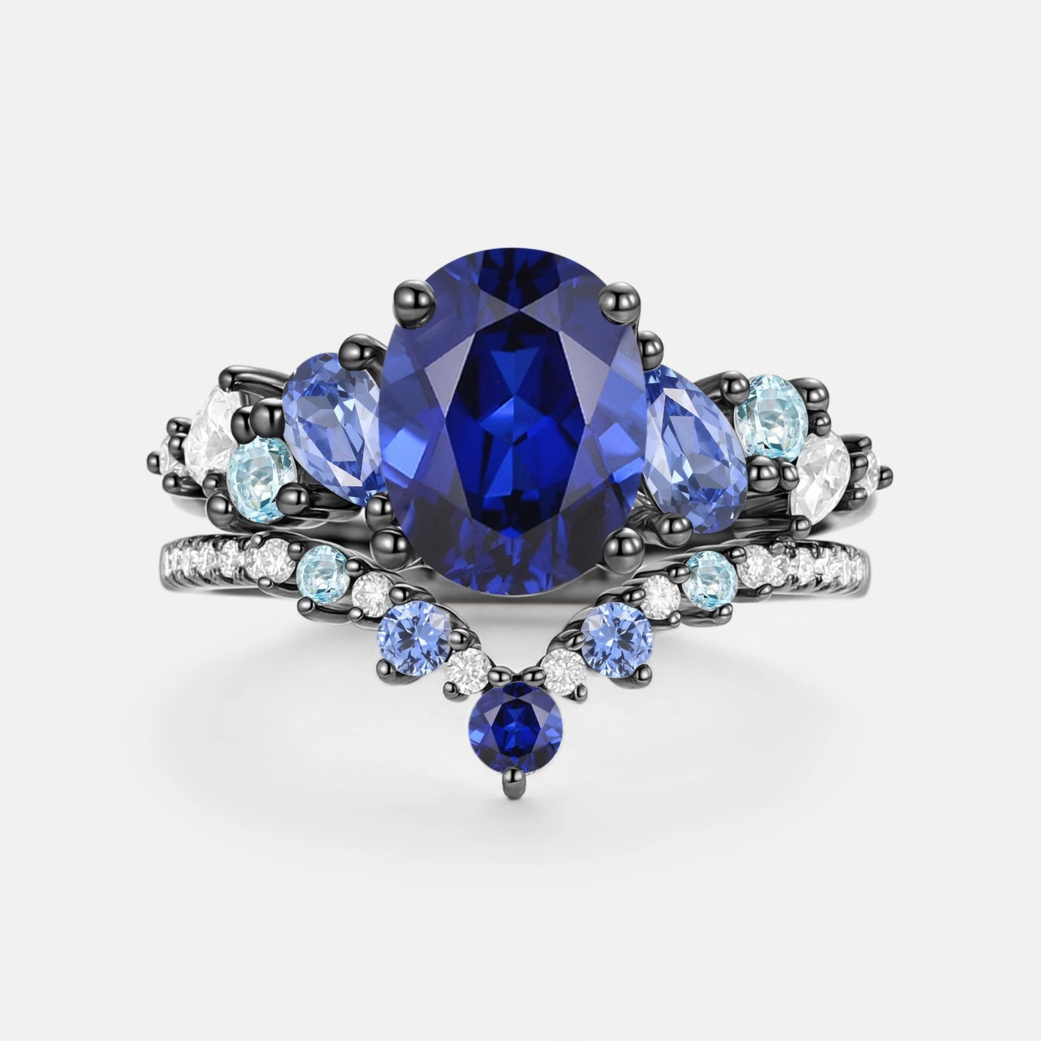 Gentle Shine Radiant Jewelry Oval Cut Lab Sapphire Cluster Engagement Ring Sets 2pcs - Nebula