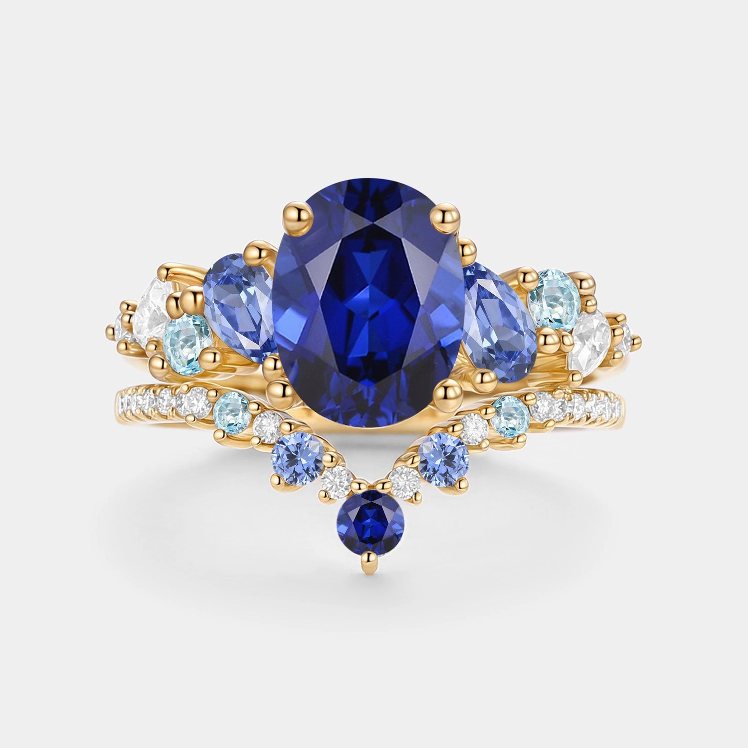 Bright Pop Oval Cut Lab Sapphire Cluster Engagement Ring Sets 2pcs - Nebula