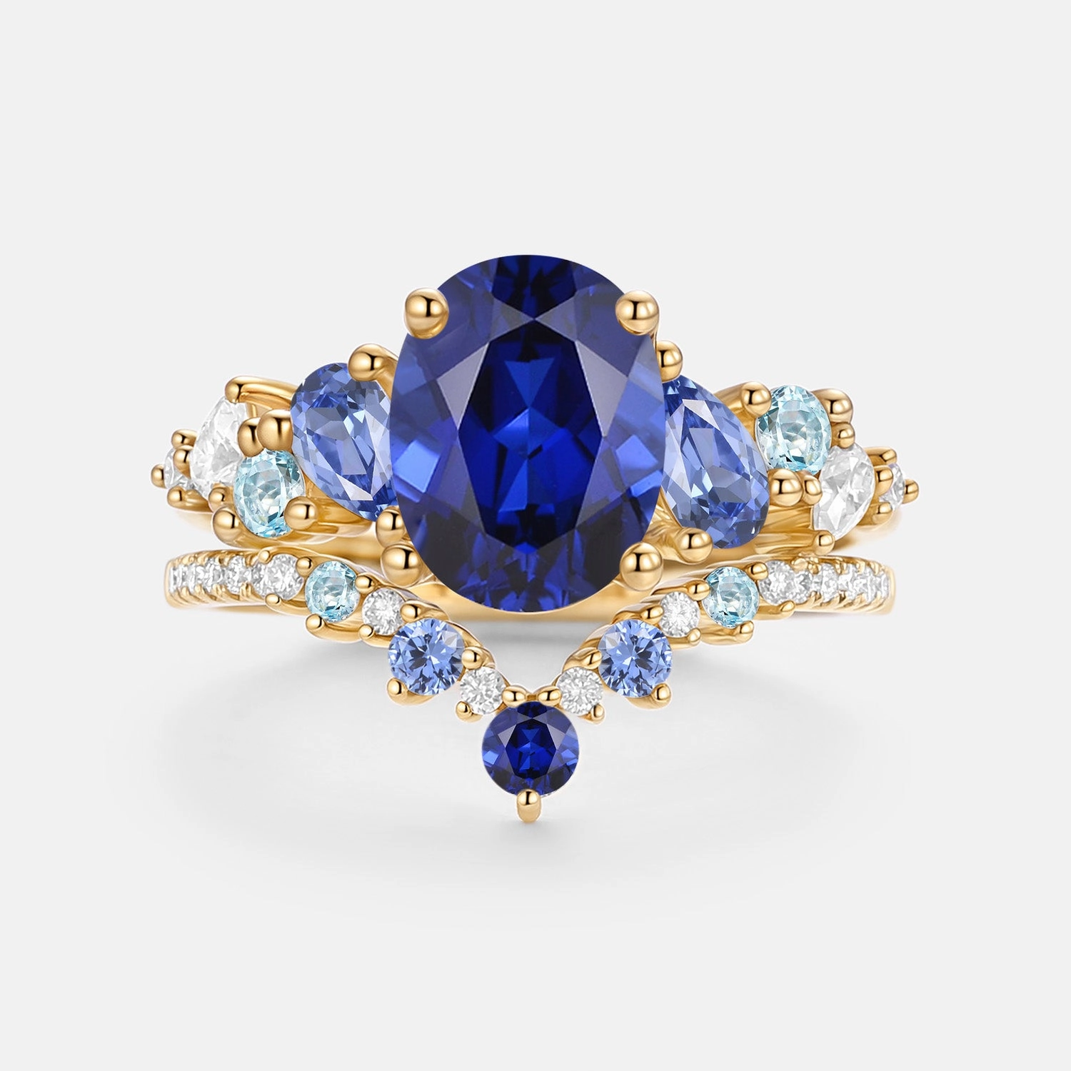 Oval Cut Lab Sapphire Cluster Engagement Ring Sets 2pcs - Nebula Glam Vibes