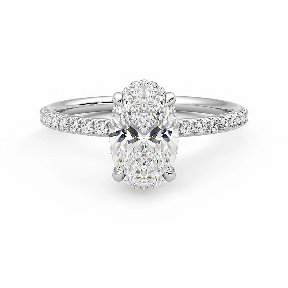 Minimal Sparkle Trend Look Oval Cut Moissanite Engagement Ring with Hidden Halo and Anniversary Stone Accent