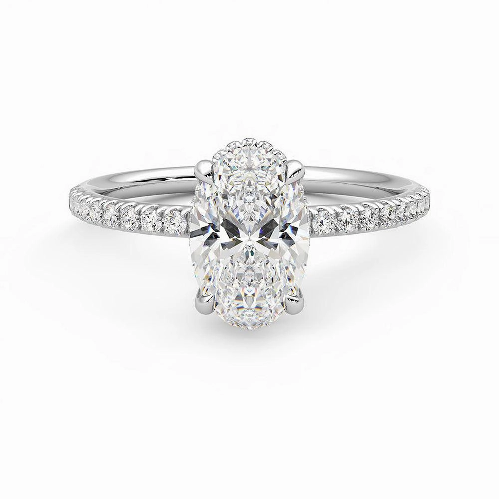 Crisp Lines Studio Shot Oval Cut Moissanite Engagement Ring with Hidden Halo and Anniversary Stone Accent