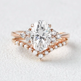 Bold Craft Dainty Spark Oval Cut Moissanite Pearl-fect Gold Ring Set 2pcs