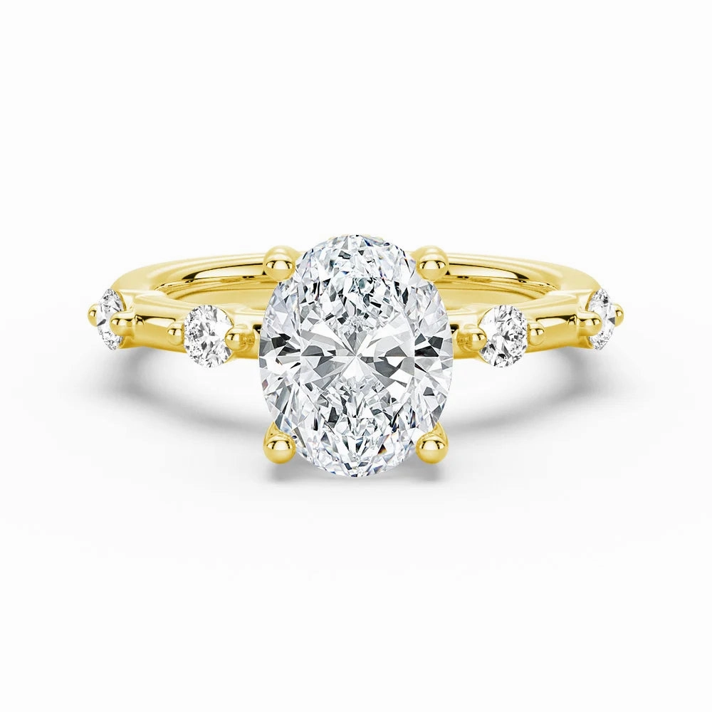 Soft Focus Classic Appeal Oval Cut Moissanite Ring with Diamond Spaced Band and Hidden Halo