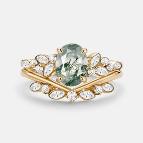 Petite Style Everyday Match Oval Cut Moss Agate & Moissanite Engagement Ring Set 2pcs - Ember