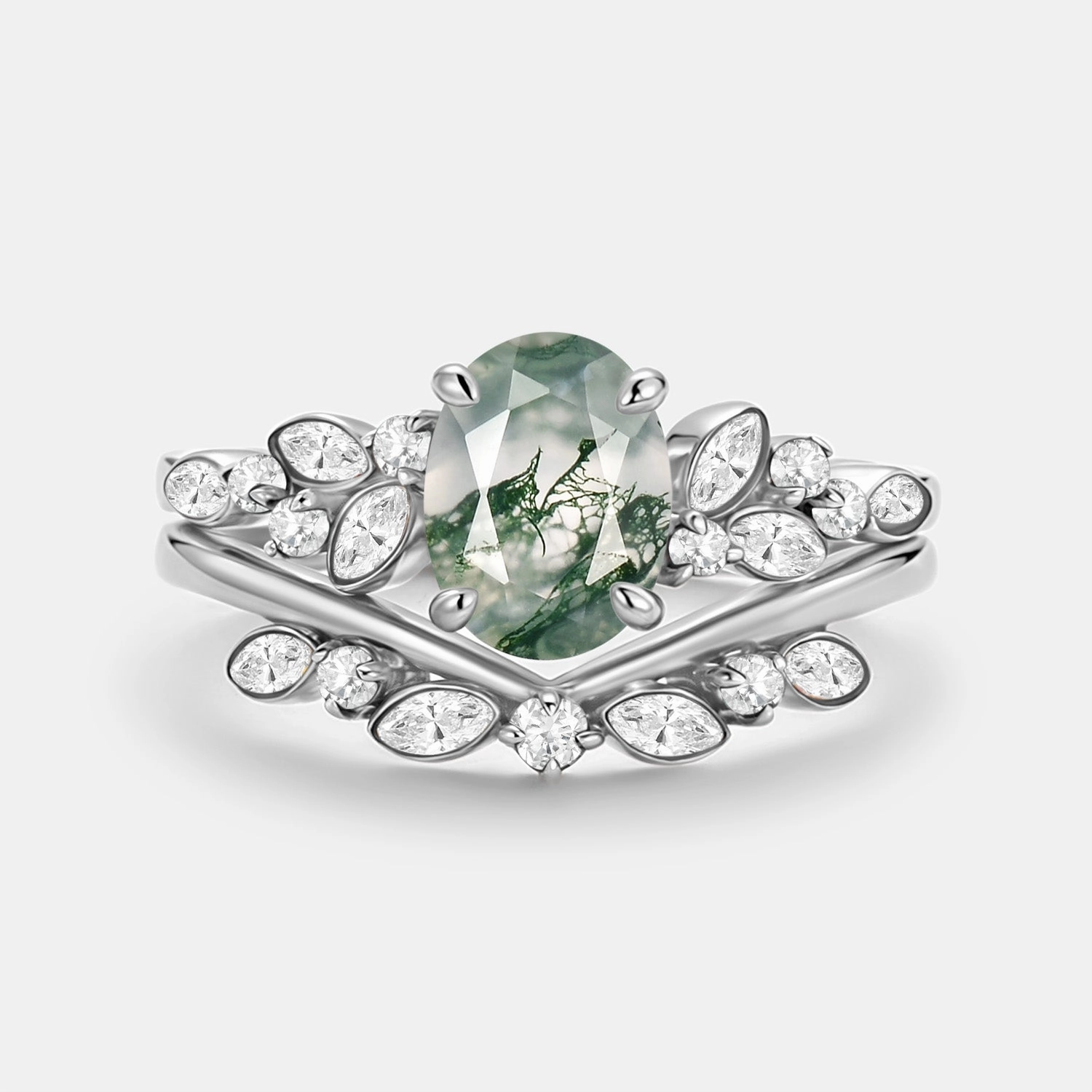 Oval Cut Moss Agate & Moissanite Engagement Ring Set 2pcs - Ember Evening Glow Muted Style