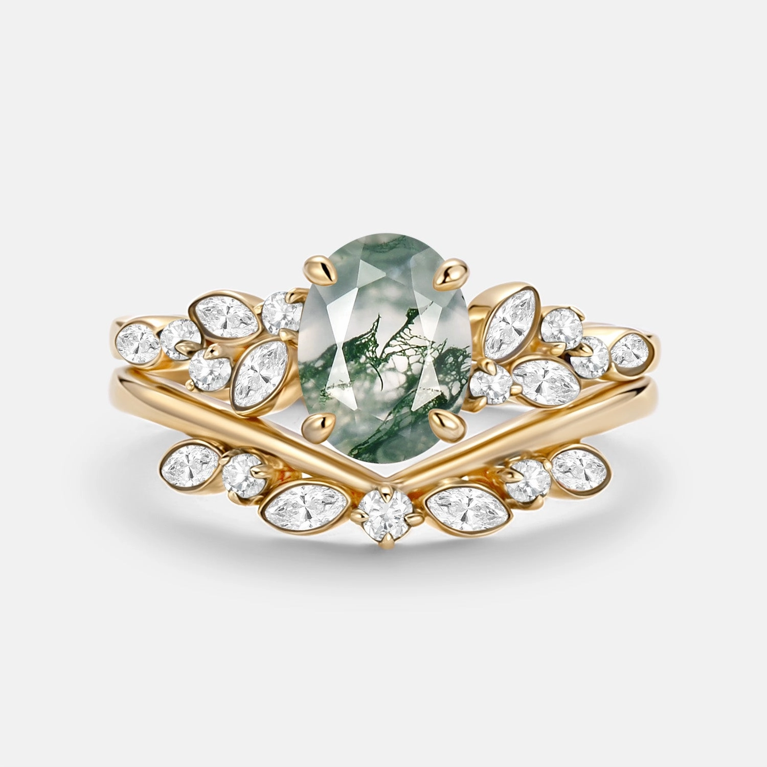 Petite Style Everyday Match Oval Cut Moss Agate & Moissanite Engagement Ring Set 2pcs - Ember