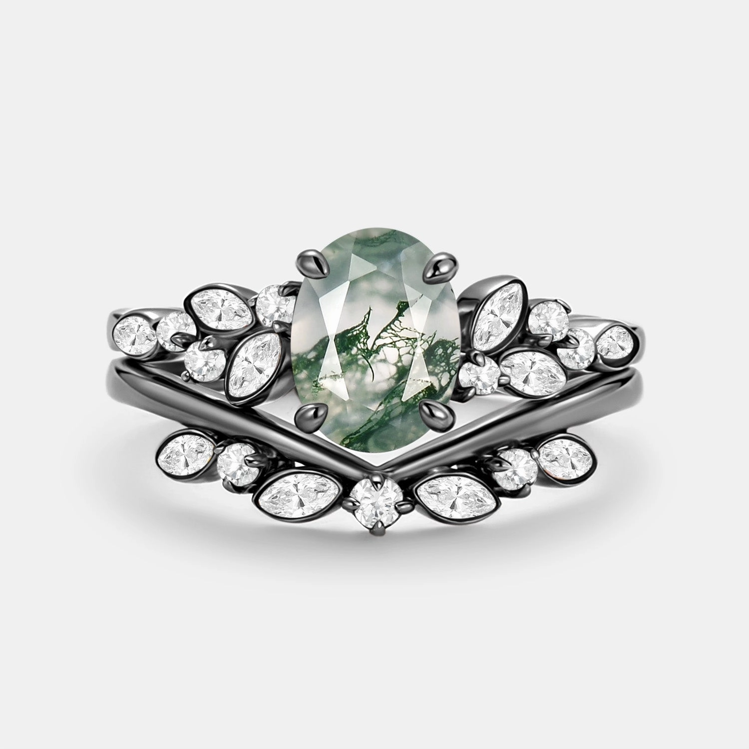 Gleaming Detail refined design Oval Cut Moss Agate & Moissanite Engagement Ring Set 2pcs - Ember
