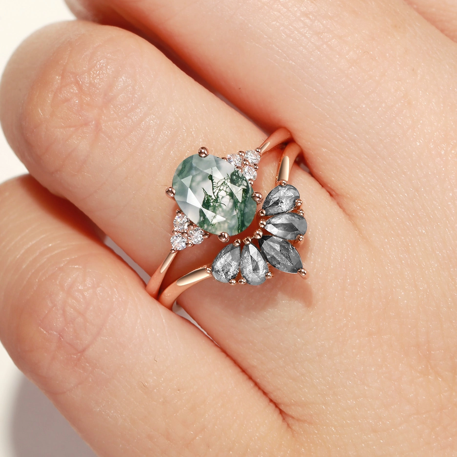 Oval Cut Moss Agate & Salt and Pepper Diamond Ring Set 2pcs - Terra Glamorous Craft Minimal Detail