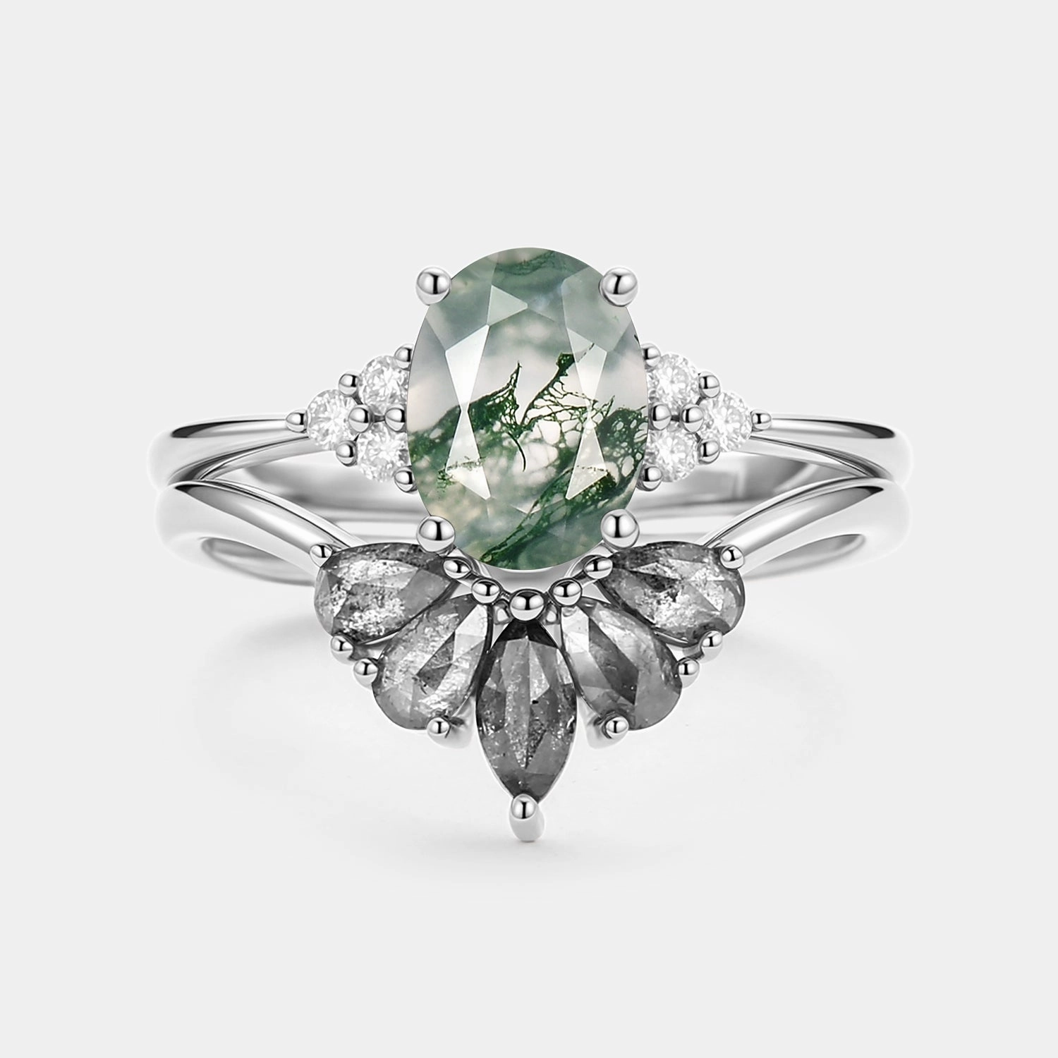 Layered Design Oval Cut Moss Agate & Salt and Pepper Diamond Ring Set 2pcs - Terra