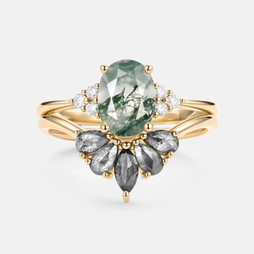 Holiday Outfit Radiant Moment Oval Cut Moss Agate & Salt and Pepper Diamond Ring Set 2pcs - Terra
