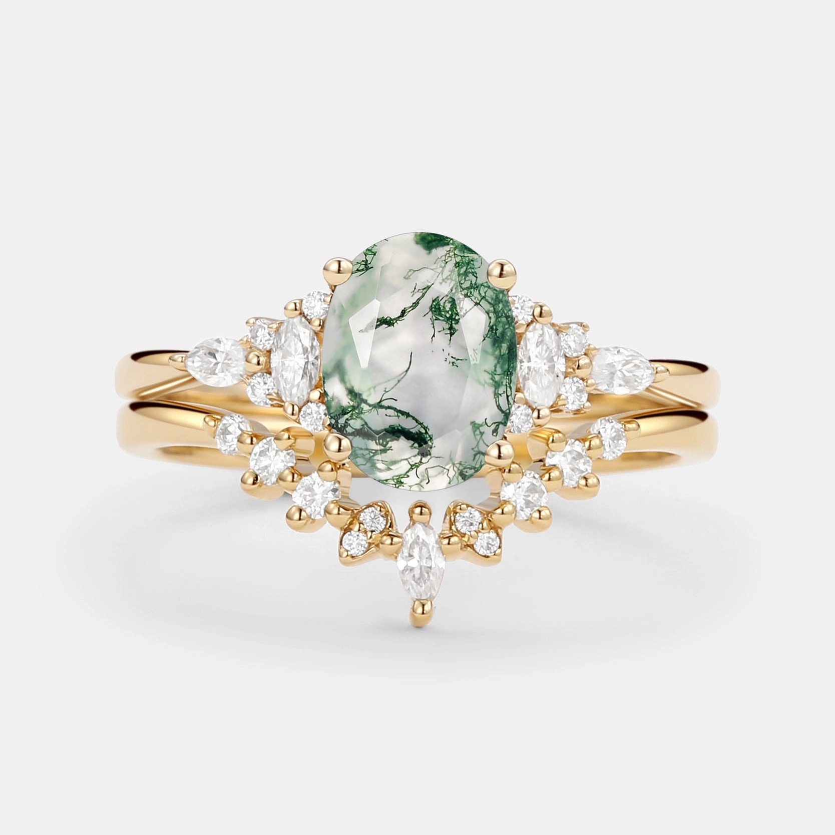 Evening Feature Style Statement Oval Cut Moss Agate Classic Cluster Gold Ring Set 2pcs - Freya