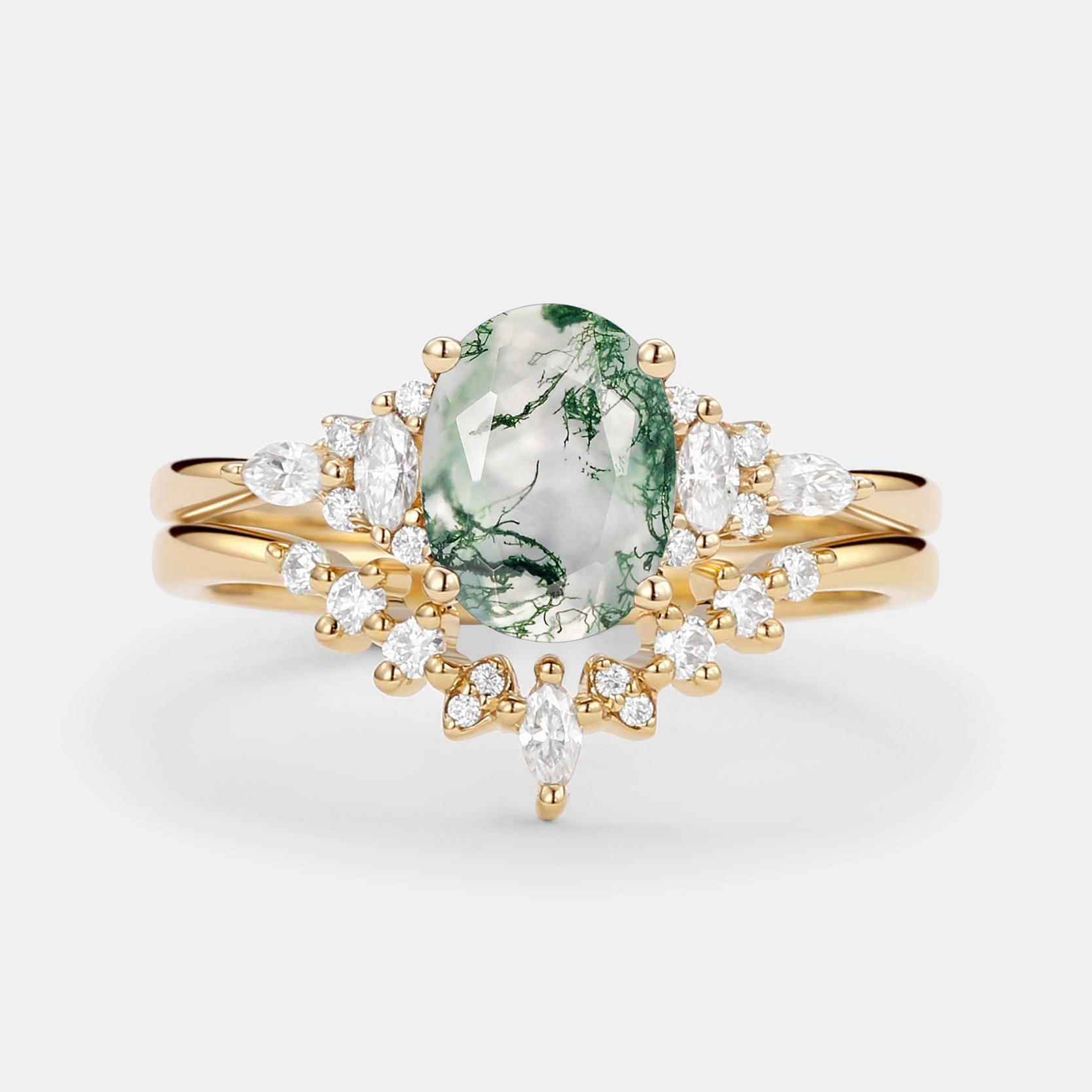 Glamorous Edge Polished Treasures Oval Cut Moss Agate Classic Cluster Gold Ring Set 2pcs - Freya