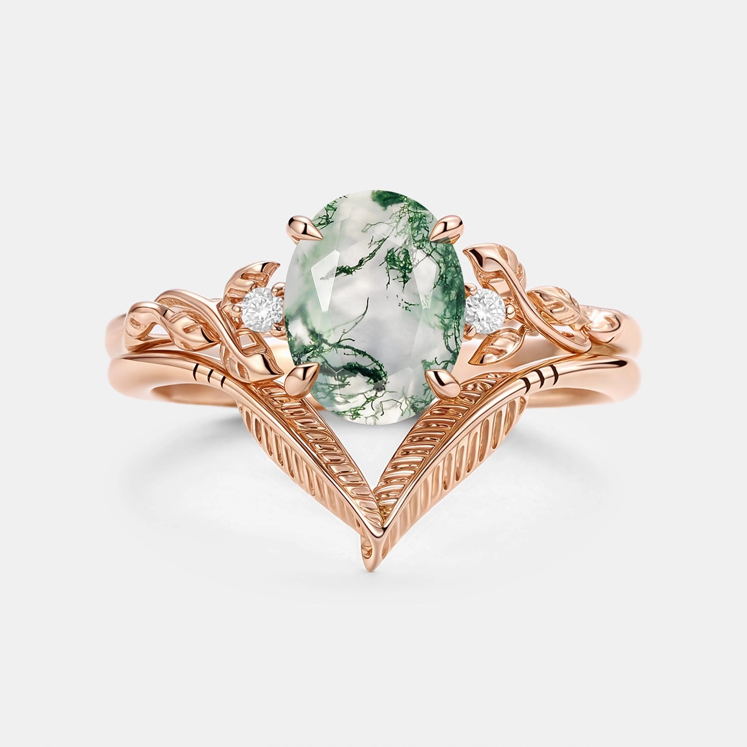 Modern Snap Dainty Shine Oval Cut Moss Agate Leafy Gold Ring Set 2pcs - Juniper