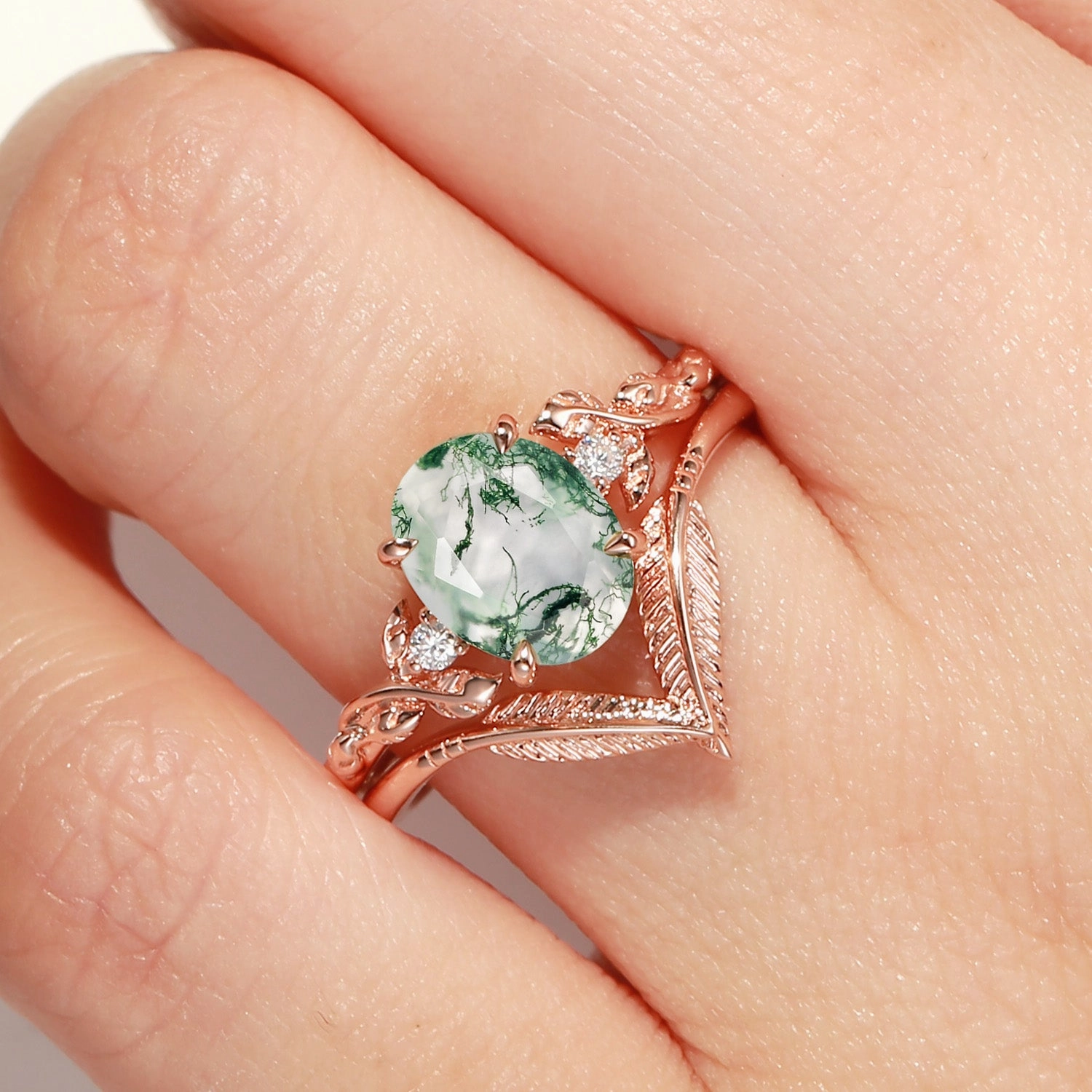 Oval Cut Moss Agate Leafy Gold Ring Set 2pcs - Juniper Textile Shine