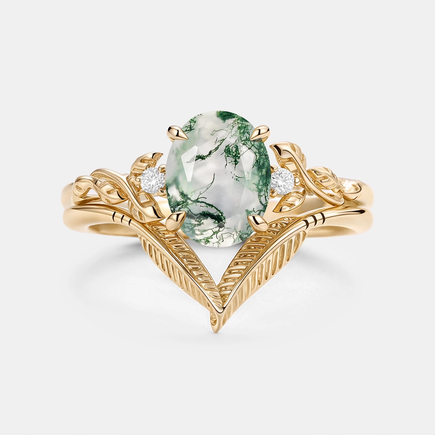 Oval Cut Moss Agate Leafy Gold Ring Set 2pcs - Juniper Sleek Style Charming Treasures