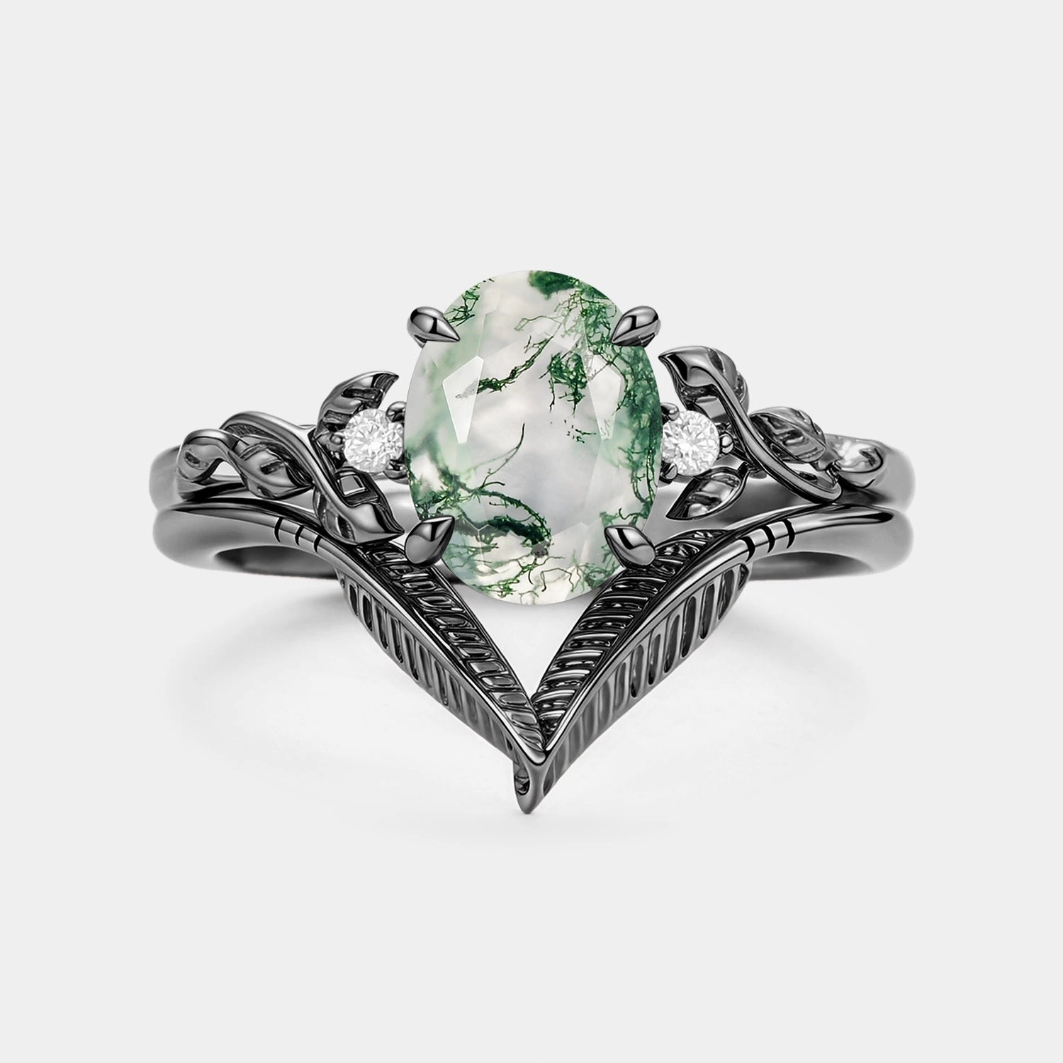 Trendy Touch Effortless Style Oval Cut Moss Agate Leafy Gold Ring Set 2pcs - Juniper