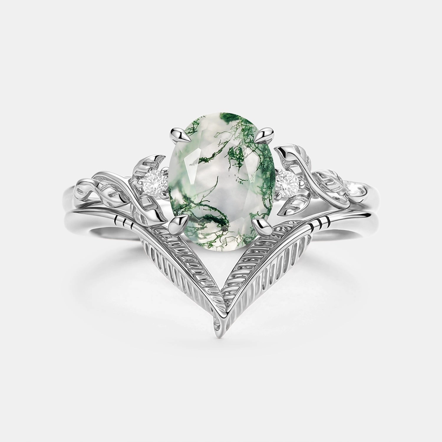 Minimal Charm Precious Piece Oval Cut Moss Agate Leafy Gold Ring Set 2pcs - Juniper