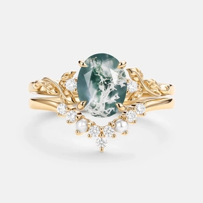 Oval Cut Nature Moss Agate Leafy Gold Ring Set 2pcs - Clover Luxury Shine Fashion Accessory