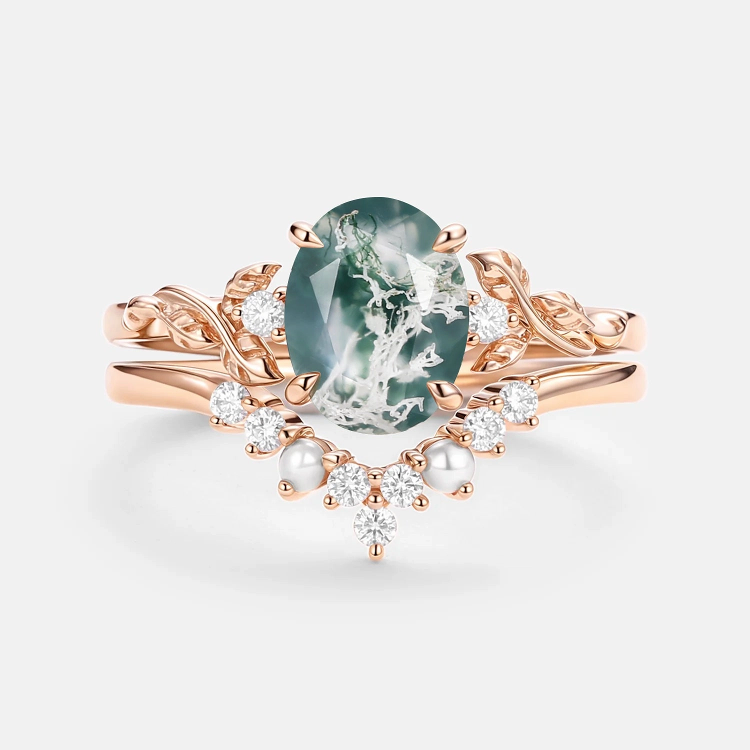 Oval Cut Nature Moss Agate Leafy Gold Ring Set 2pcs - Clover Glamour Appeal