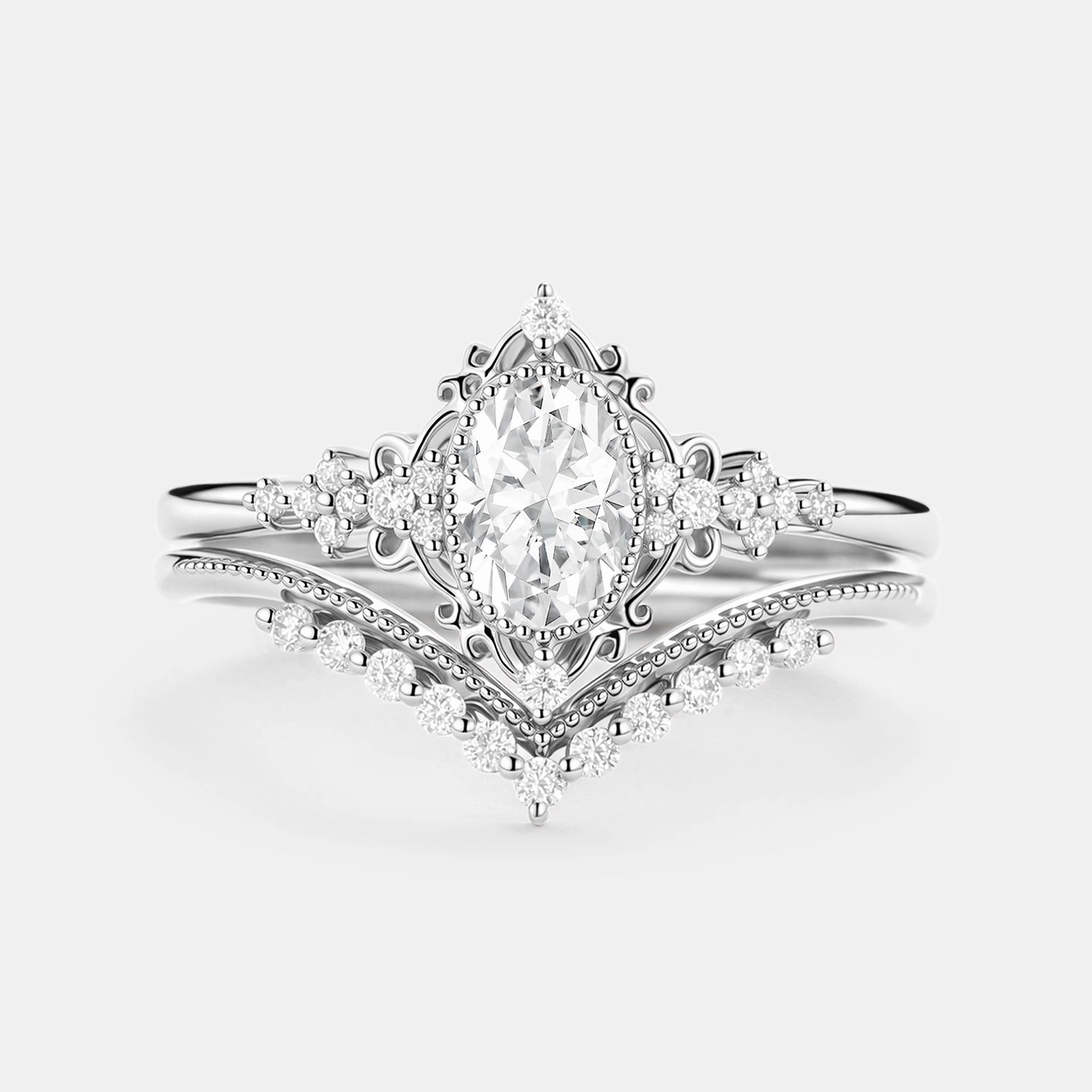 Timeless Look Polished Contour Oval Cut Vintage Moissanite Milgrain Engagement Ring Set 2pcs