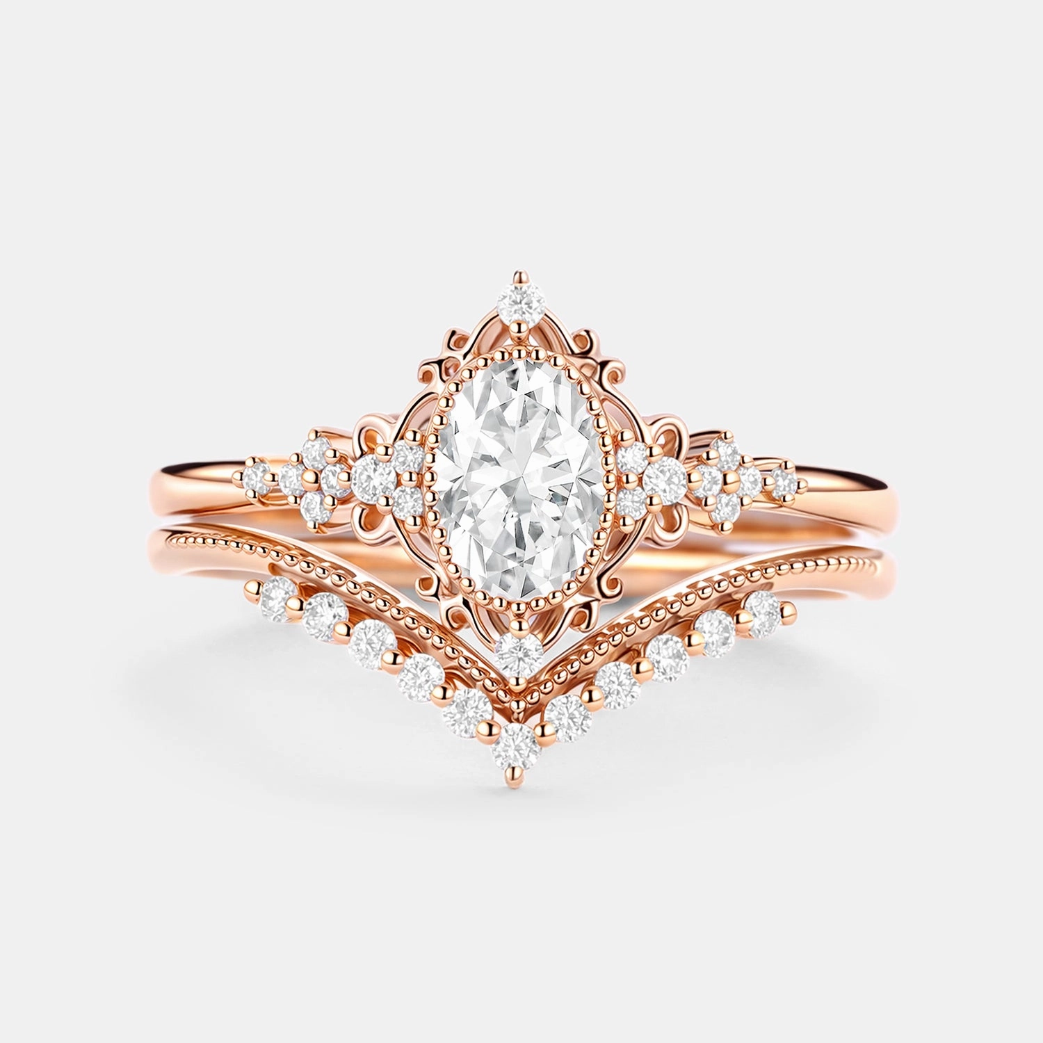 Oval Cut Vintage Moissanite Milgrain Engagement Ring Set 2pcs Ethereal Vibe Monochrome Look