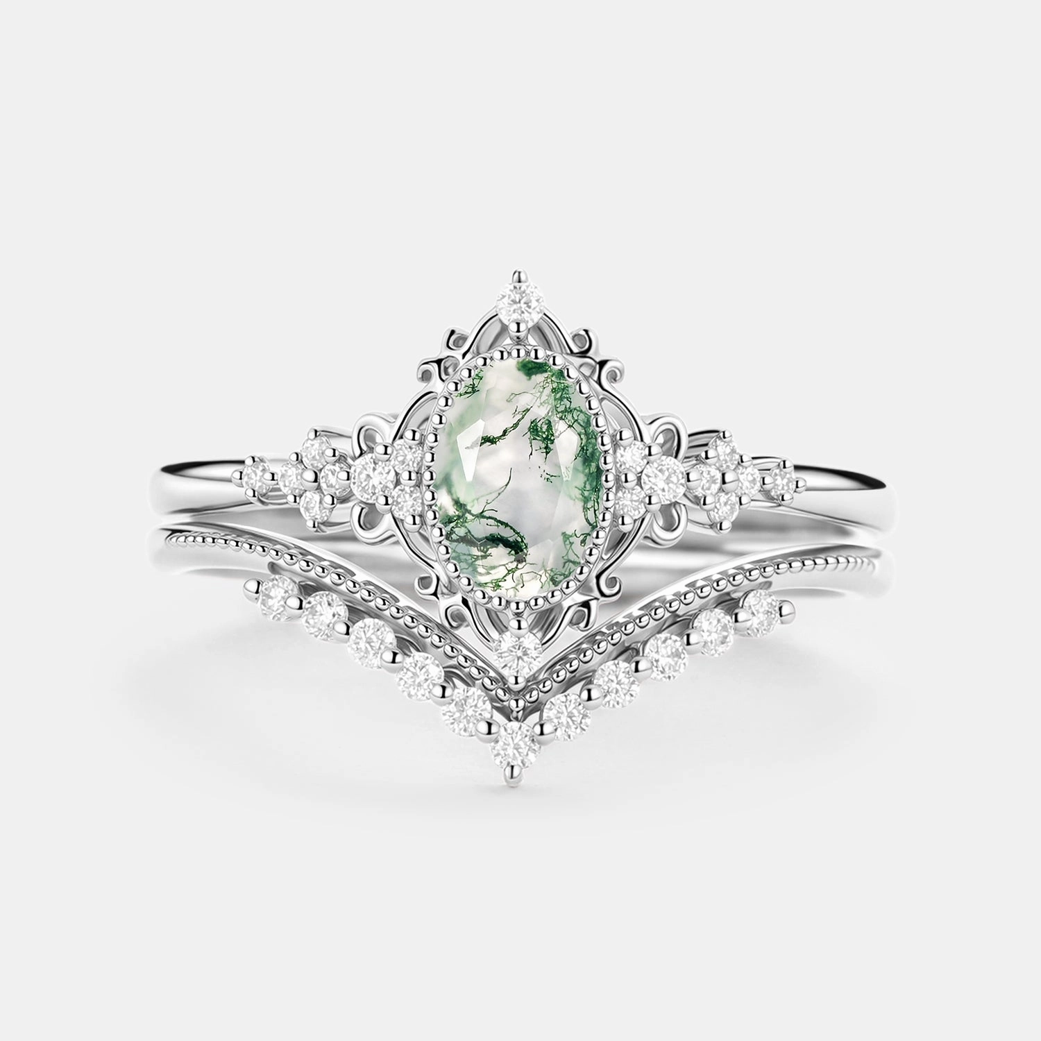 Oval Cut Vintage Moss Agate Engagement Ring Set 2pcs - Eira Travel Ready City Spark