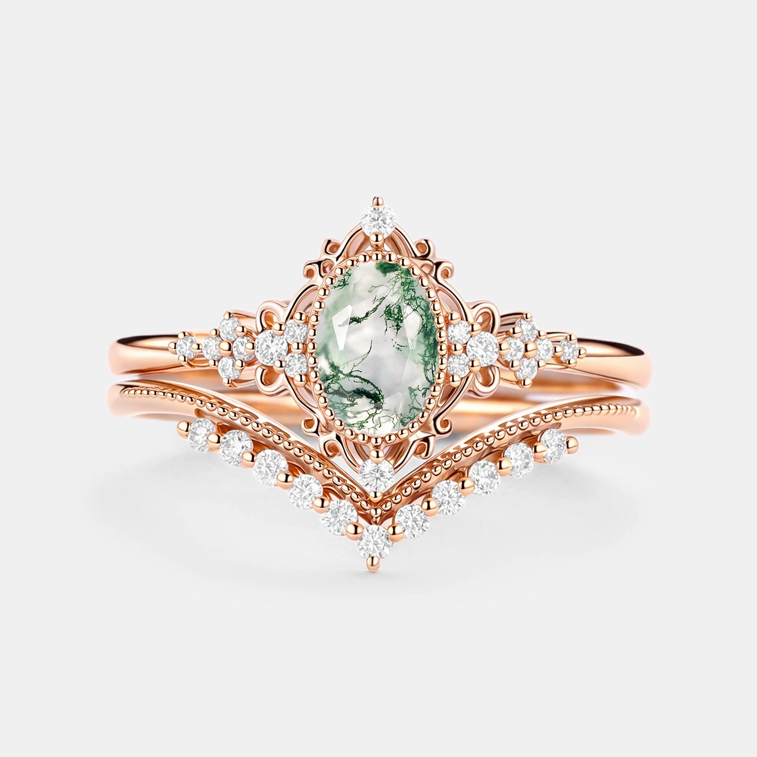 Stylish Form Elegant Layer Oval Cut Vintage Moss Agate Engagement Ring Set 2pcs - Eira