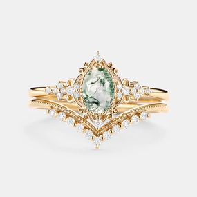 Sleek Form Intricate Work Oval Cut Vintage Moss Agate Engagement Ring Set 2pcs - Eira