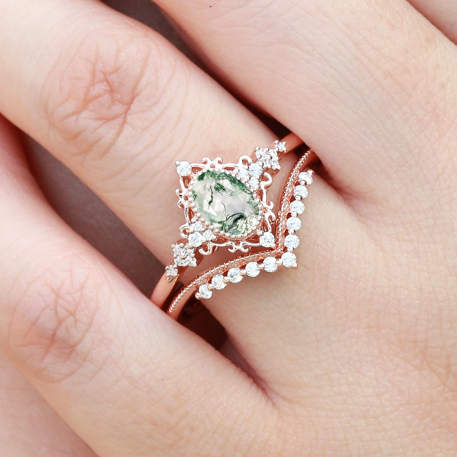 Oval Cut Vintage Moss Agate Engagement Ring Set 2pcs - Eira Radiant Look