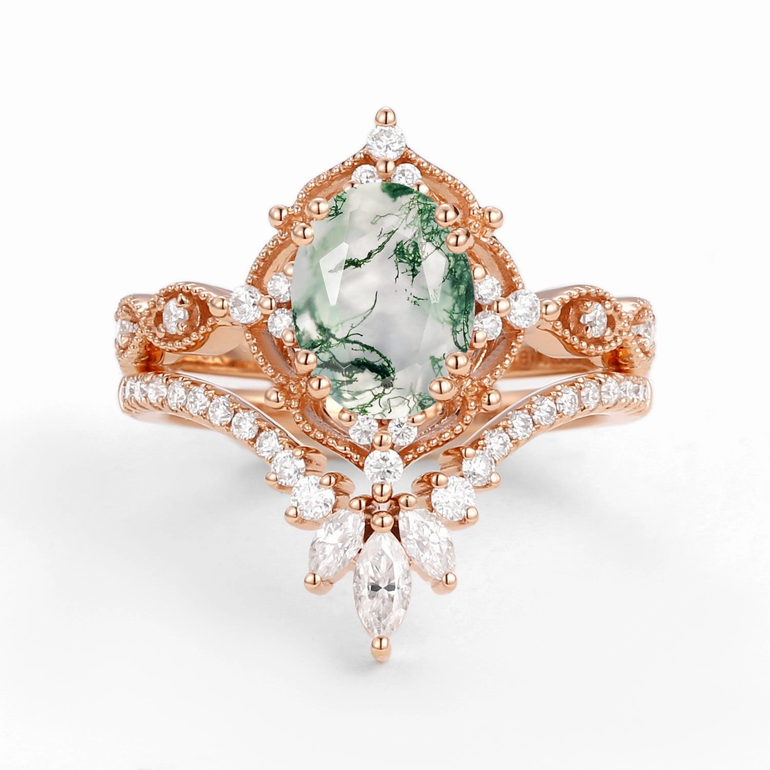 Oval Cut Vintage Moss Agate Engagement Ring Set 2pcs - Soren Silken Touch Chic Pulse