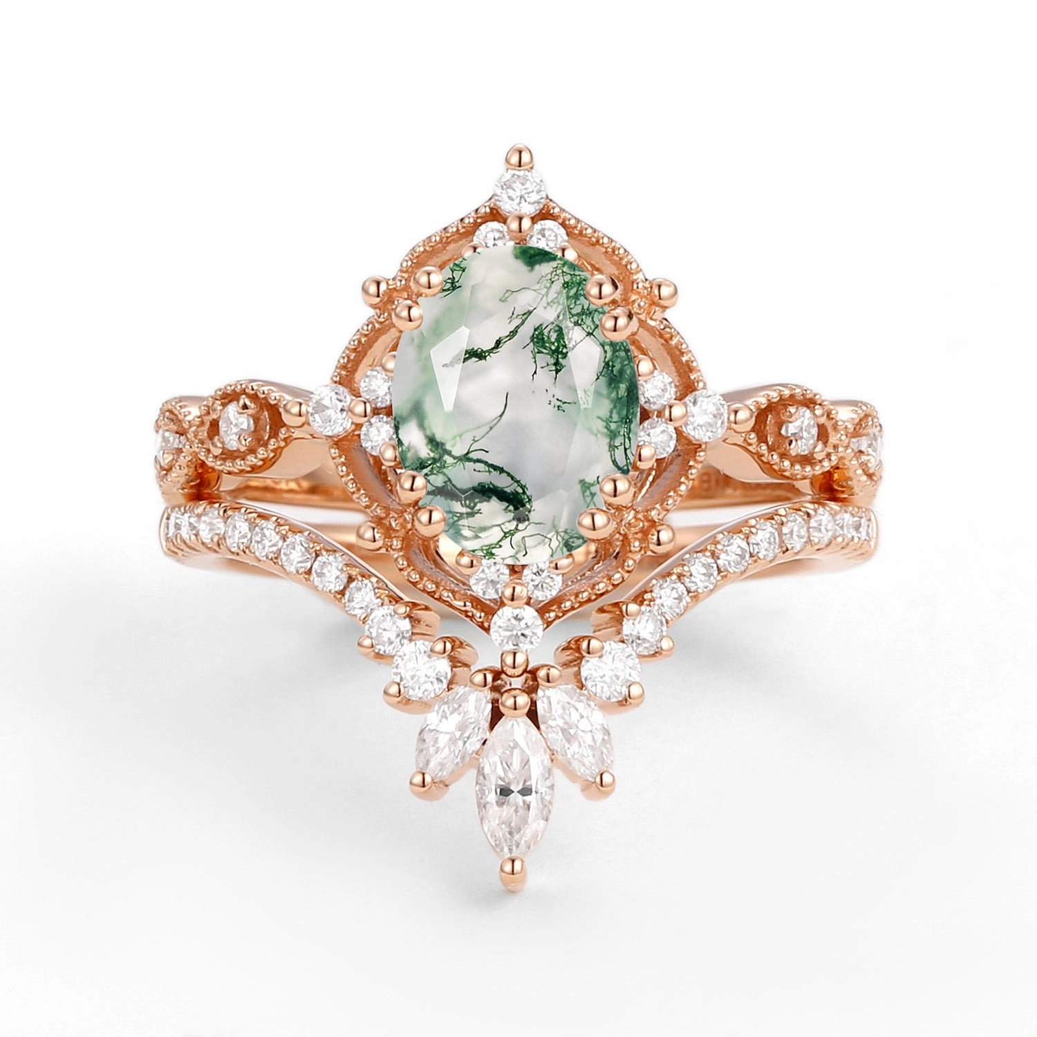 Oval Cut Vintage Moss Agate Engagement Ring Set 2pcs - Soren Charming Features Layered Design