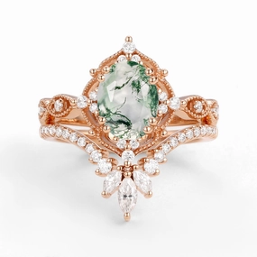 Oval Cut Vintage Moss Agate Engagement Ring Set 2pcs - Soren Silken Touch Chic Pulse