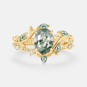 Radiant Style Distinct Feature Oval Green Moss Agate Vine Engagement Ring Set 2pcs - Daphne
